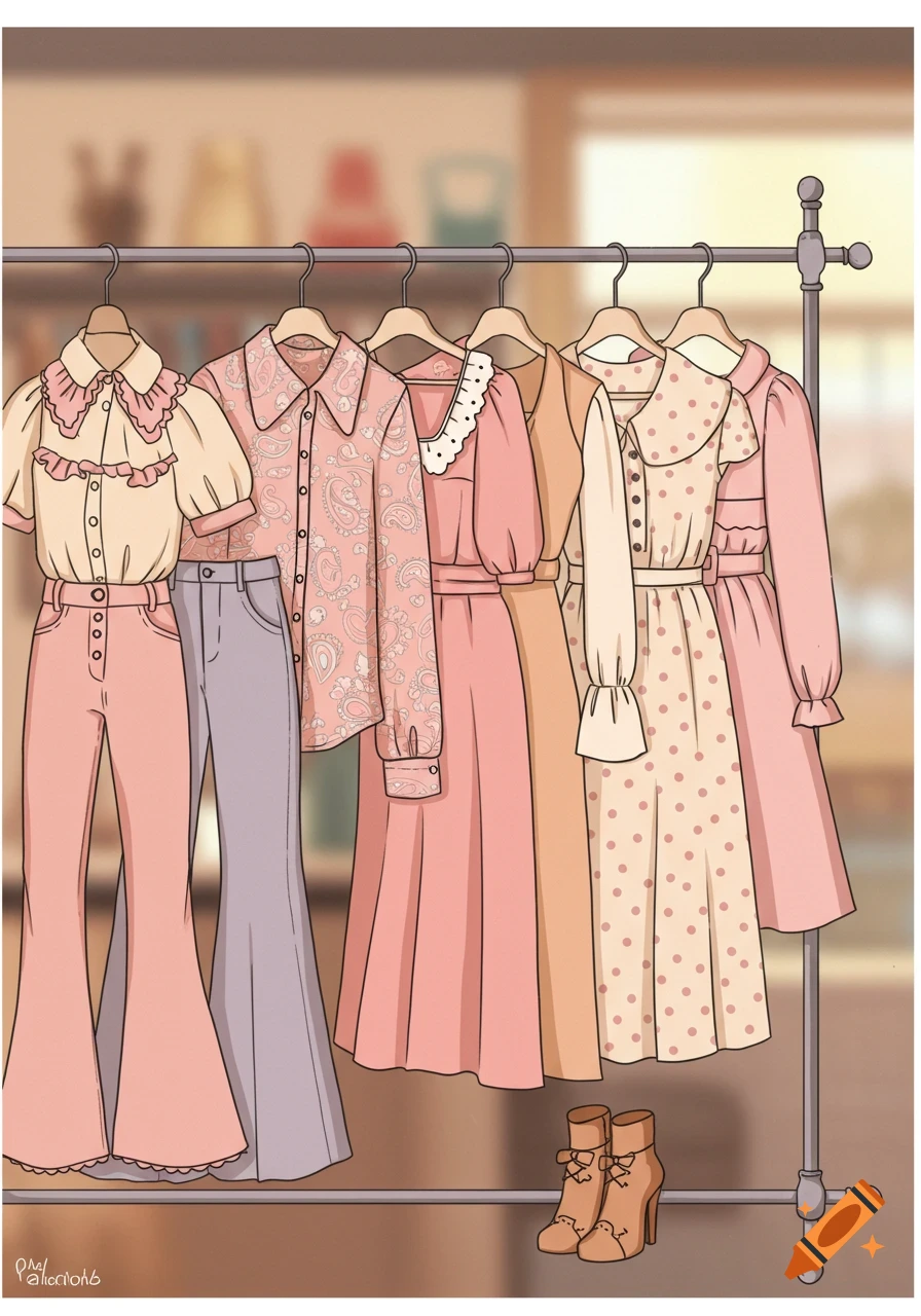 Clipart illustration of a clothing rail with pink and peach vintage dresses, blouses, and bell-bottom pants, plus brown boots.
