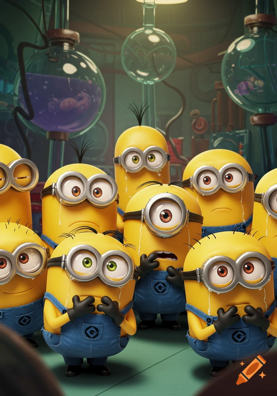 A group of crying Minions in blue overalls stands in a gloomy laboratory filled with scientific equipment.