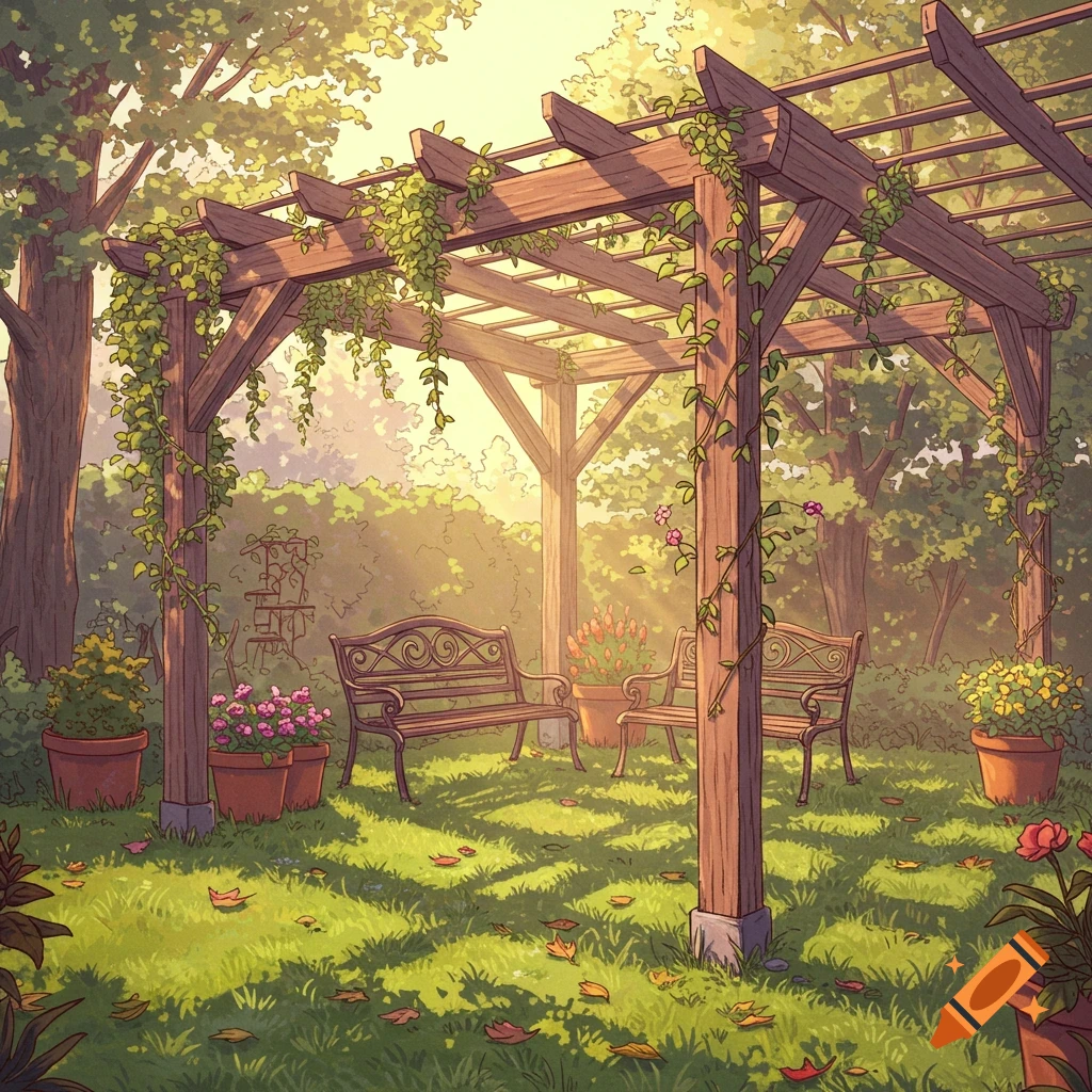 An illustrated garden scene featuring a rustic wooden pergola covered in lush green vines, two benches, and potted flowers under dappled sunlight.
