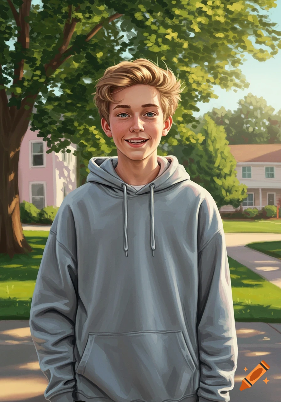 A smiling young boy with blonde hair and a grey hoodie stands in a suburban neighborhood, with green trees and houses in the background.