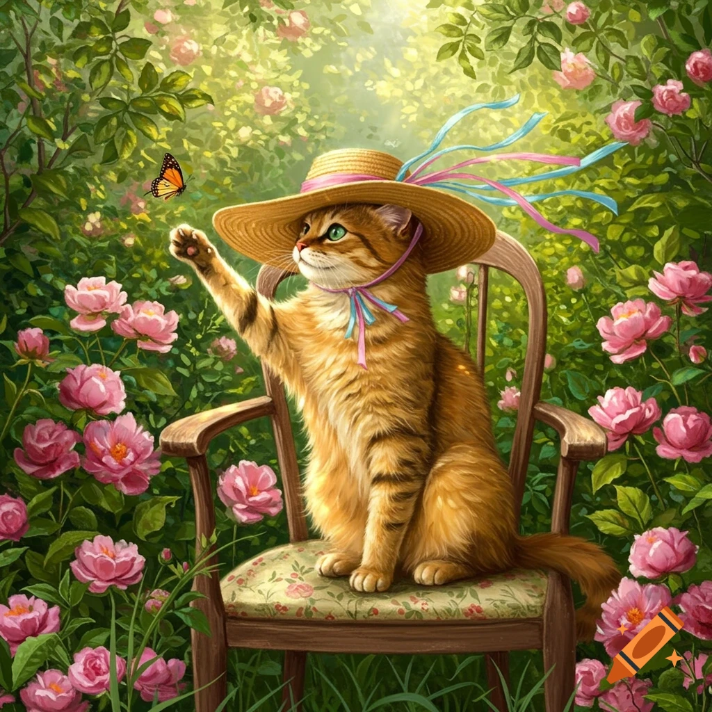 A whimsical illustration of an orange tabby cat in a straw hat sitting on a chair, reaching for a butterfly in a garden with pink roses.