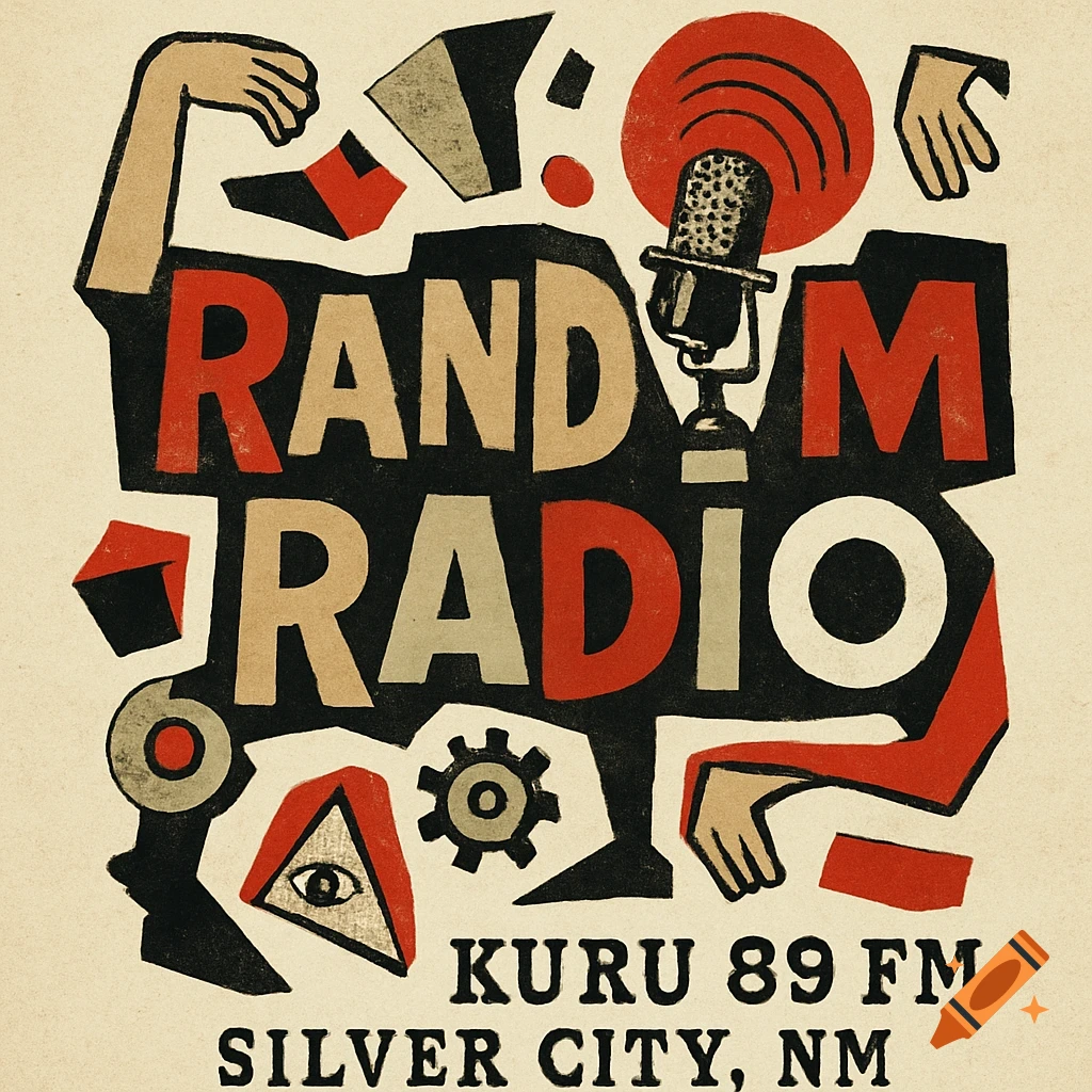 A Dada-style logo for "Random Radio KURU 89 FM Silver City, NM" featuring abstract shapes, stylized hands, a microphone, and an eye symbol.
