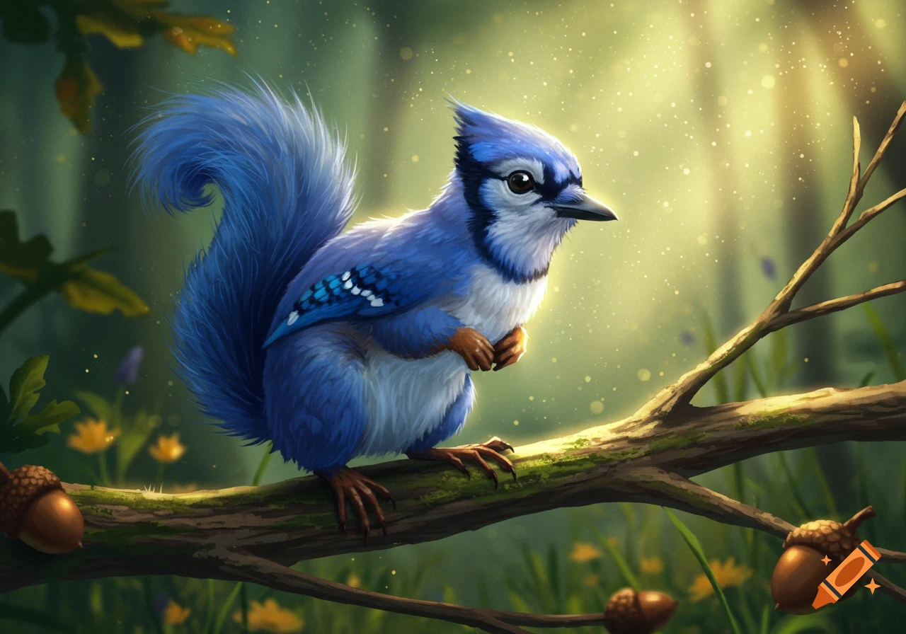 A whimsical blue squirrel-jay hybrid creature with a fluffy tail sits on a mossy branch in a sun-dappled forest with acorns.