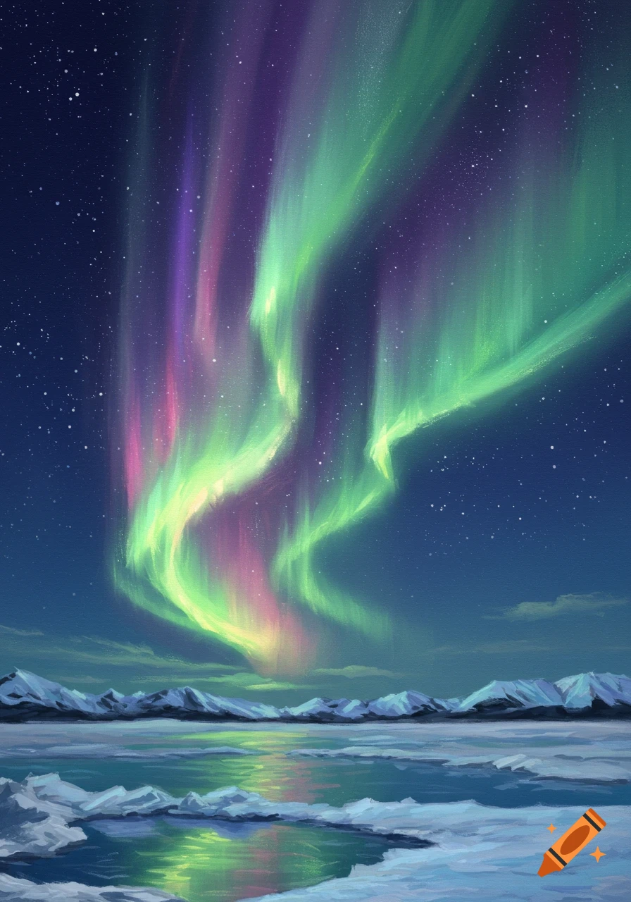 Vibrant green and purple aurora borealis over a snowy, icy landscape with mountains, painted in oil on canvas.