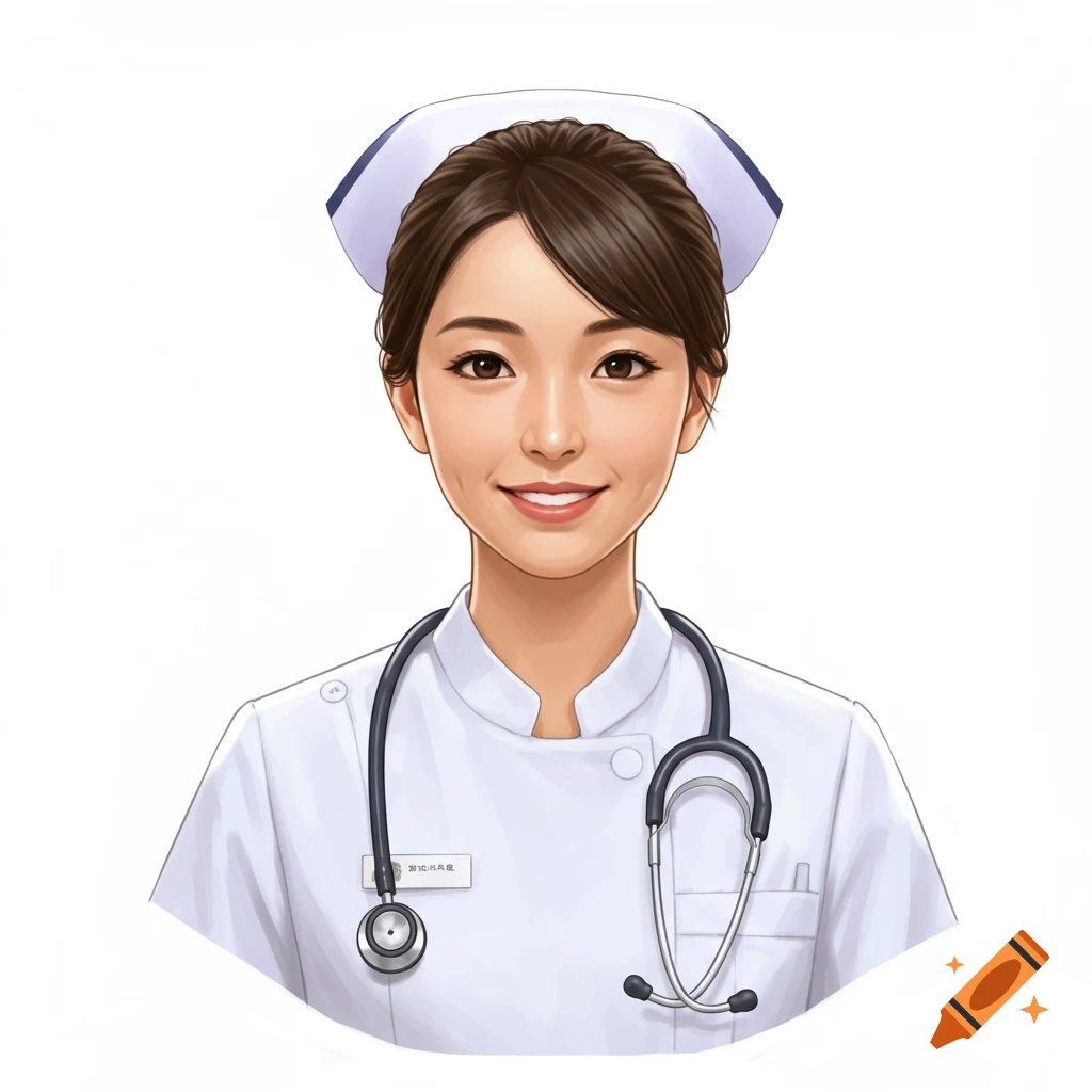A smiling female nurse in a white uniform with a stethoscope, depicted in an illustration style.