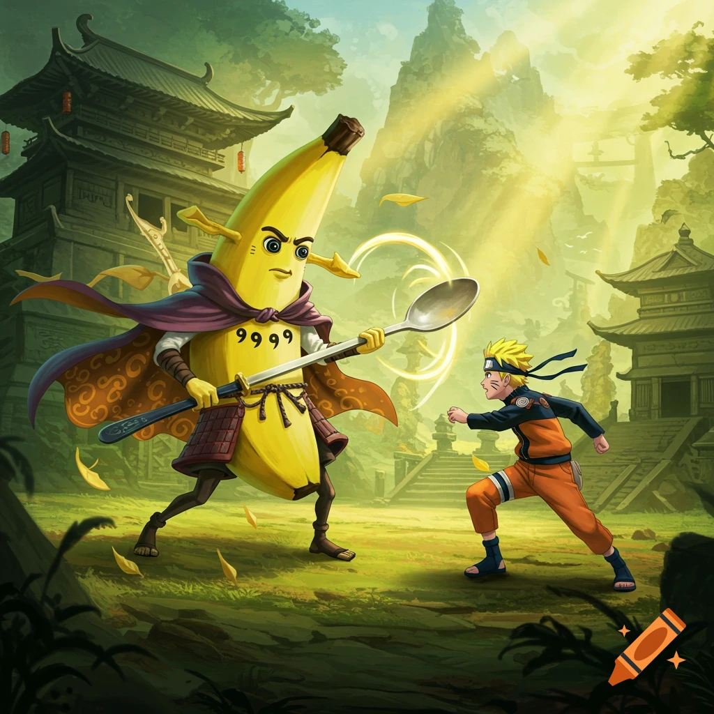 Naruto faces off against a banana warrior in samurai armor wielding a large spoon, set in a mystical Japanese landscape.