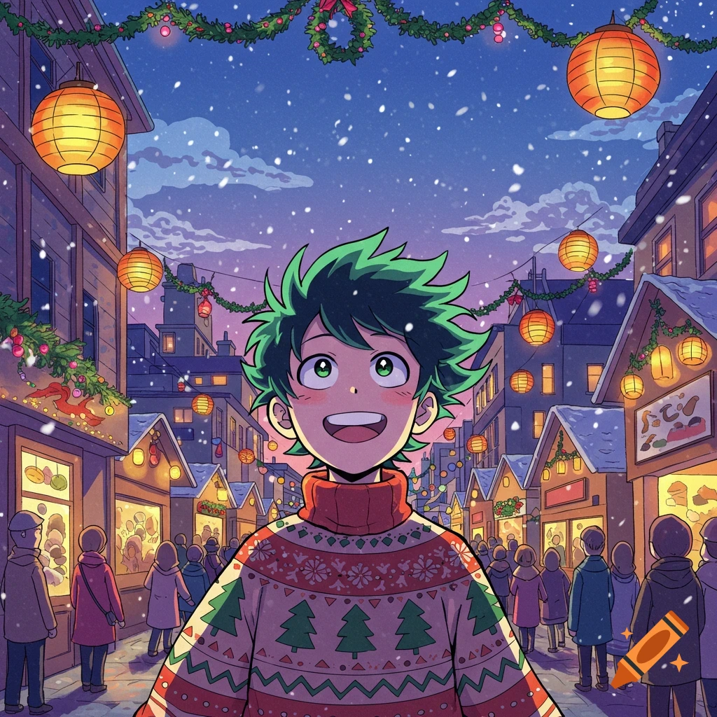 An anime character, Izuku Midoriya, smiles in a Christmas sweater at a snowy winter market with glowing lanterns.