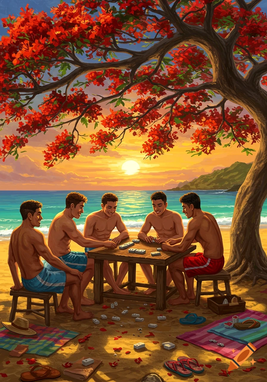 Five men playing dominoes on a beach under a flamboyant tree at sunset, illustrative art.