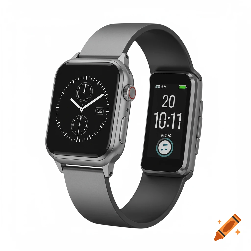 Two modern smartwatches with gray bands, one displaying an analog dial, the other a digital time and icons.