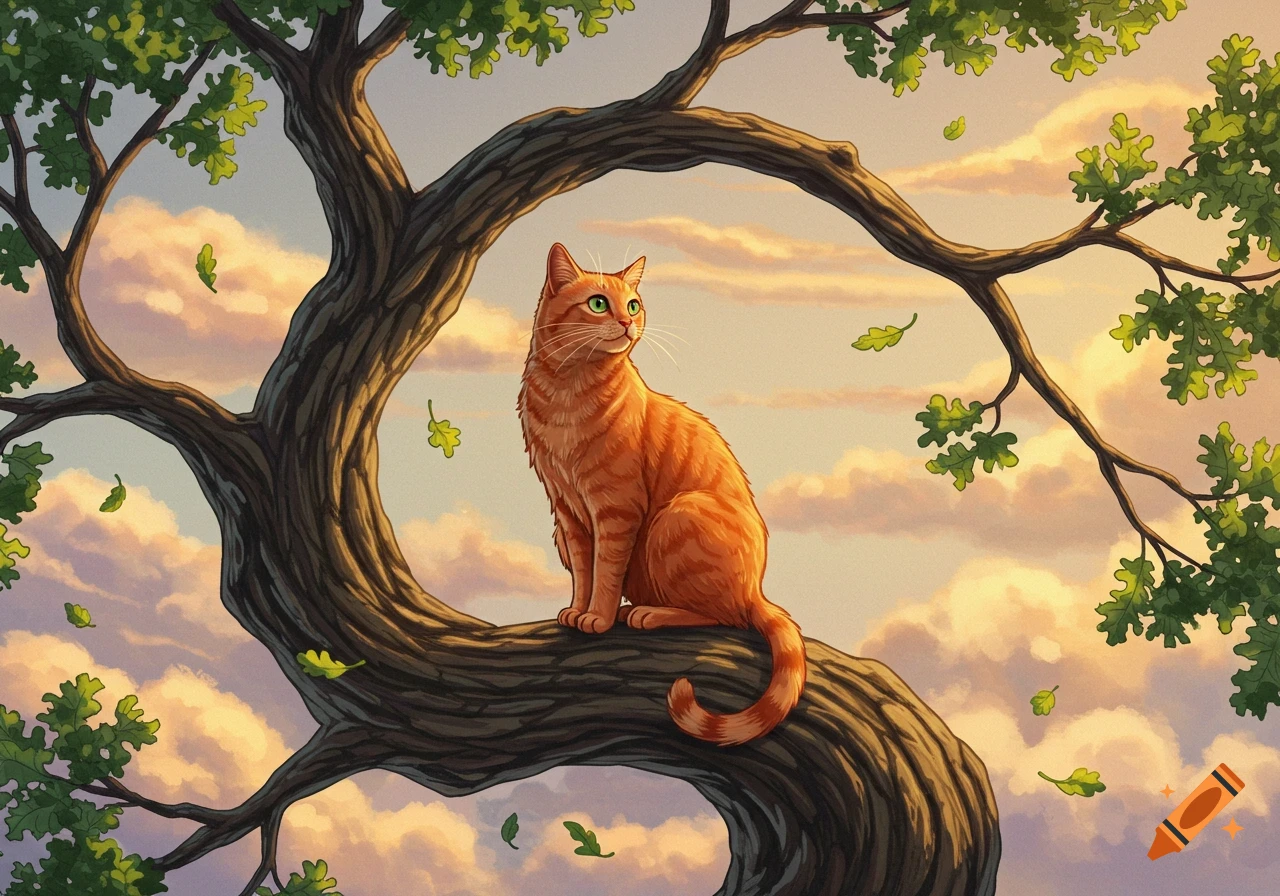 An orange cat with green eyes sits on a tree branch with green leaves, set against a cloudy, pastel sky in an illustration style.