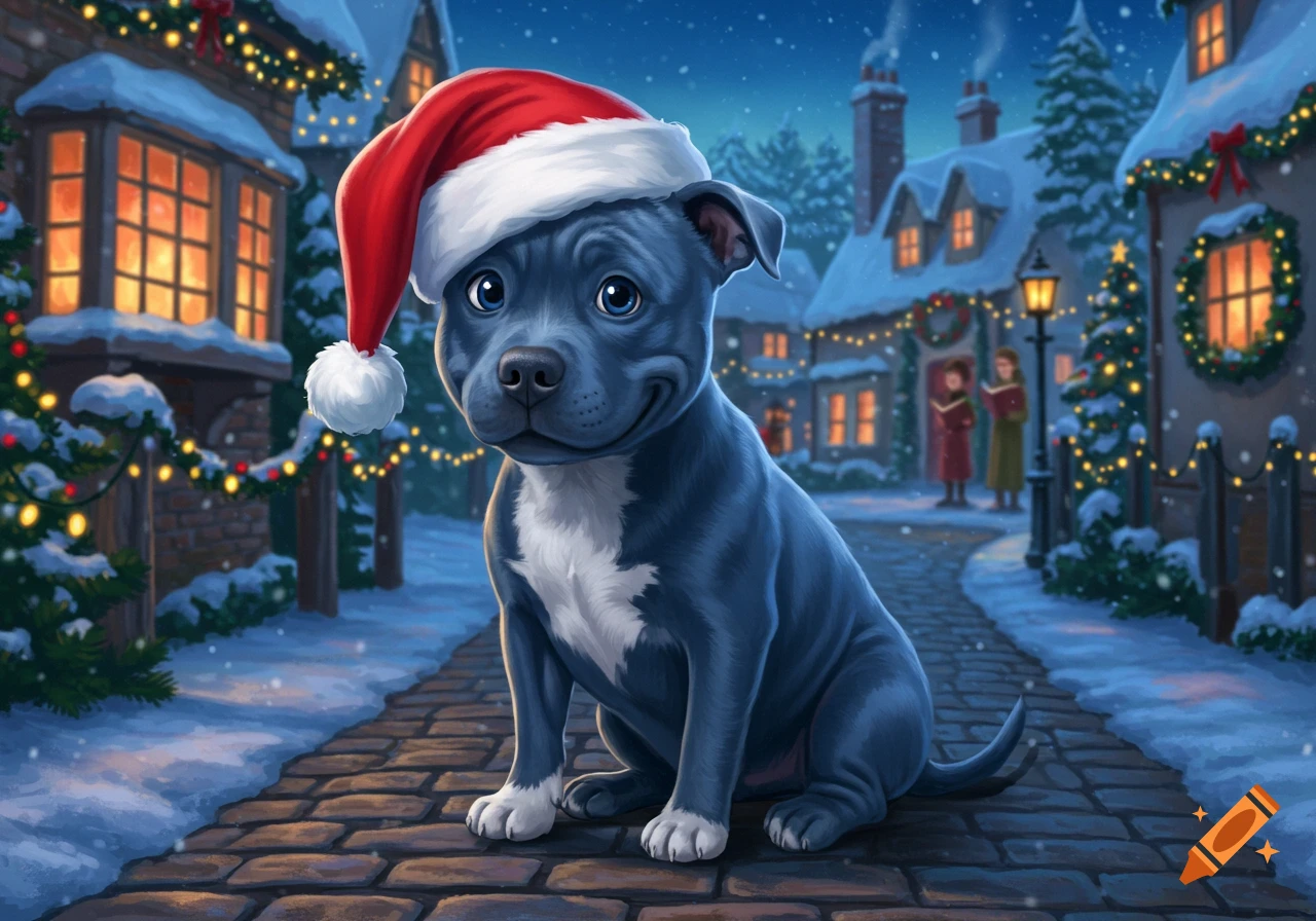 A cute blue staffy puppy wearing a Santa hat sits on a snowy cobblestone path in a festive, illuminated Christmas village.