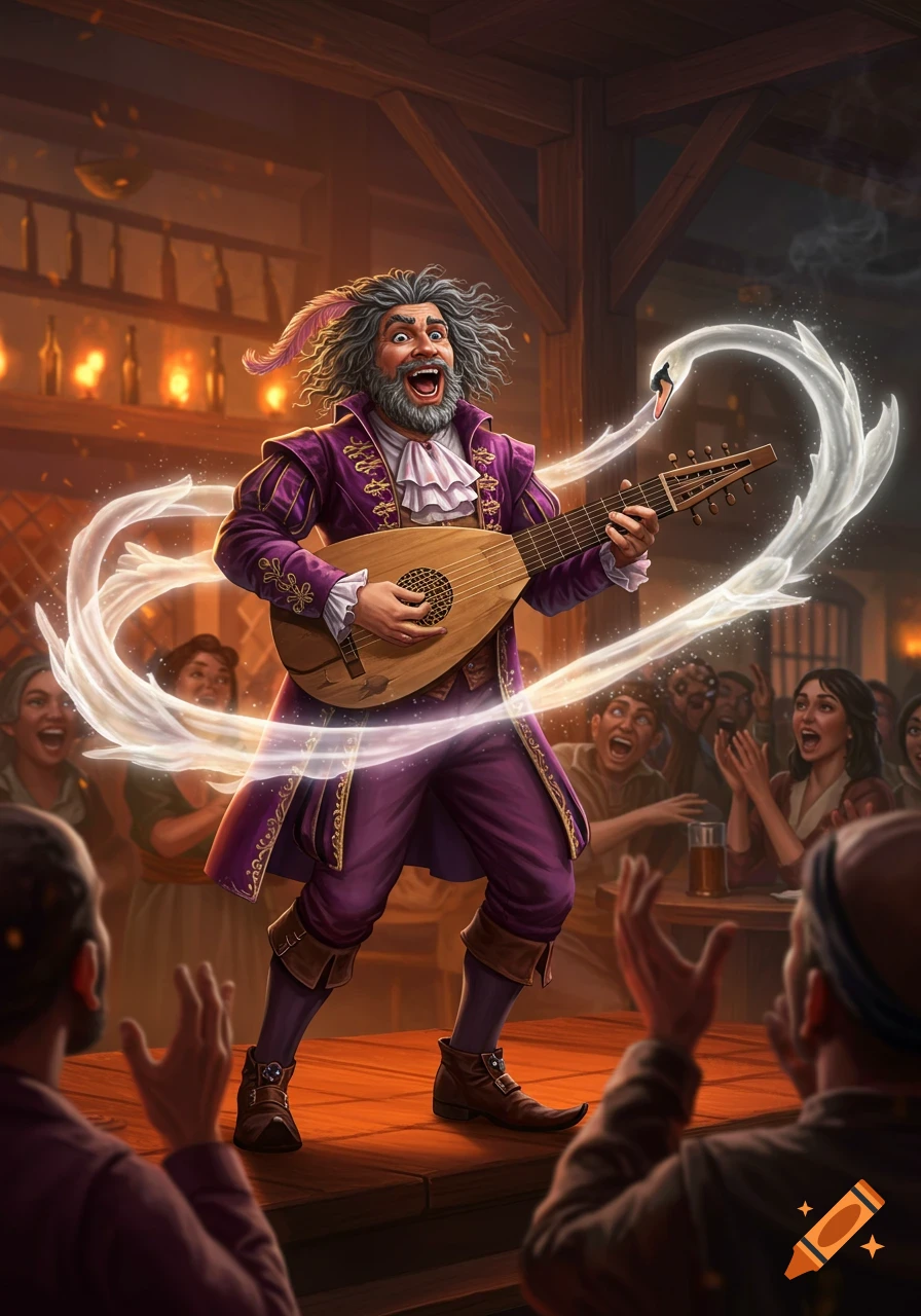 A joyful bearded man in purple plays a lute, emanating a glowing swan, on a tavern stage for an applauding crowd.