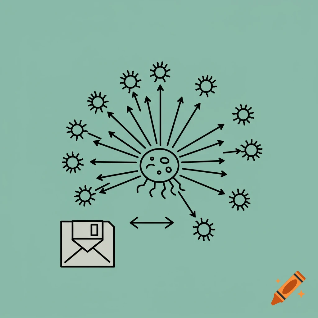 A simple line illustration of a computer virus spreading from a floppy disk on a light green background.