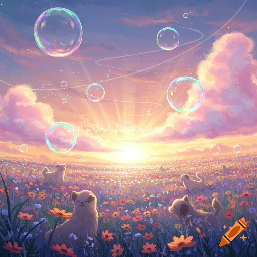 Dreamy landscape with pink clouds at sunset over a field of colorful flowers, featuring small, cute dog-like creatures and iridescent bubbles floating in the sky.