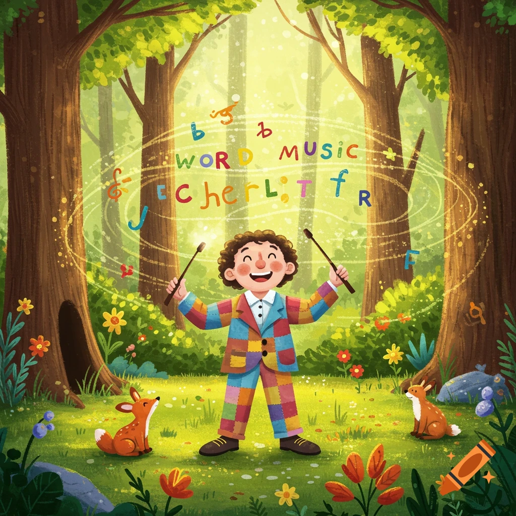 A happy child in a colorful patchwork suit holds drumsticks in a magical forest with floating letters and musical notes, children's illustration style.