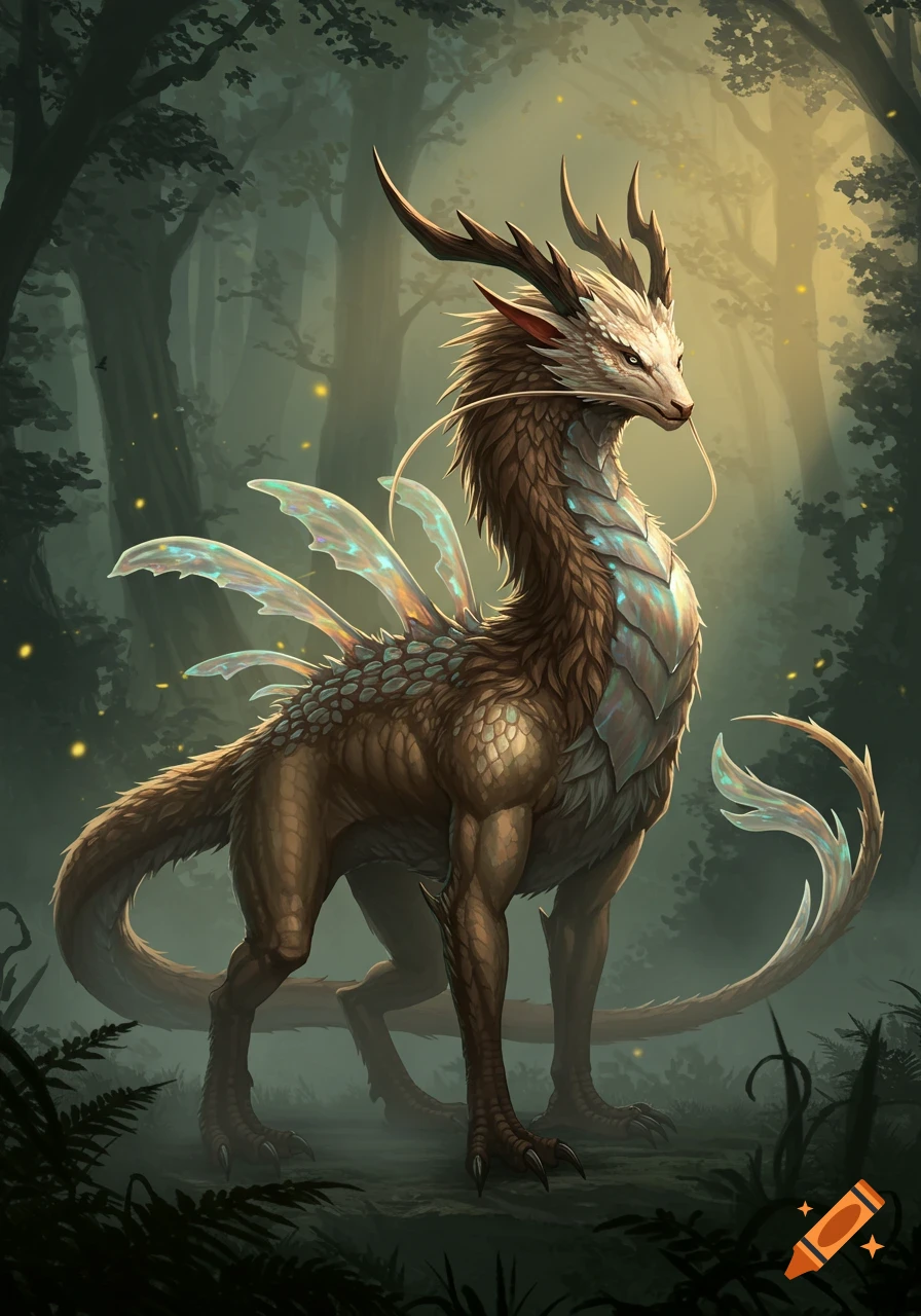 A majestic Kitsune/wyvern hybrid with iridescent wings and antlers stands in a mystical, sunlit forest.