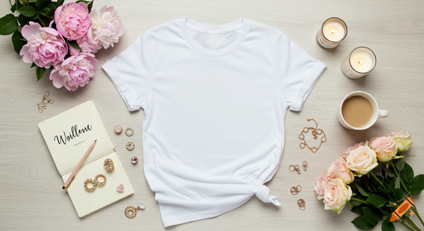 A white t-shirt lies neatly on a light wooden table surrounded by pink peonies and roses, candles, a coffee cup, jewelry, and a notebook.