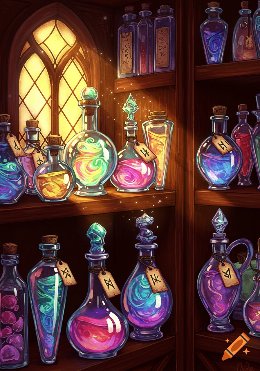 Assorted colorful, glowing magic potions in glass bottles on wooden shelves, lit by a gothic window.