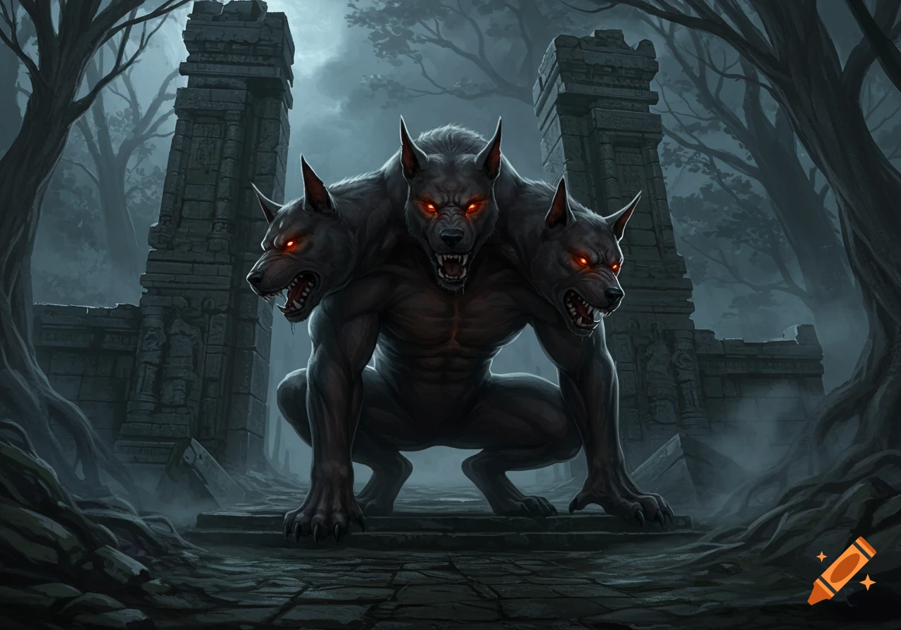 A three-headed muscular black wolf-like creature with glowing red eyes crouches on a stone path in a dark, misty forest with ancient ruins.