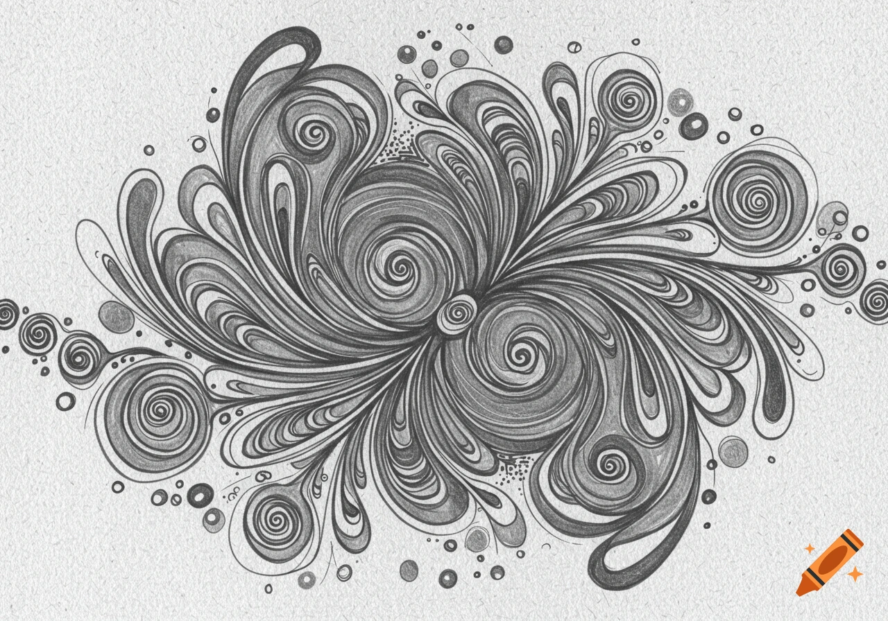 An intricate black and white abstract drawing featuring swirling lines, teardrop shapes, and circles on a textured background.