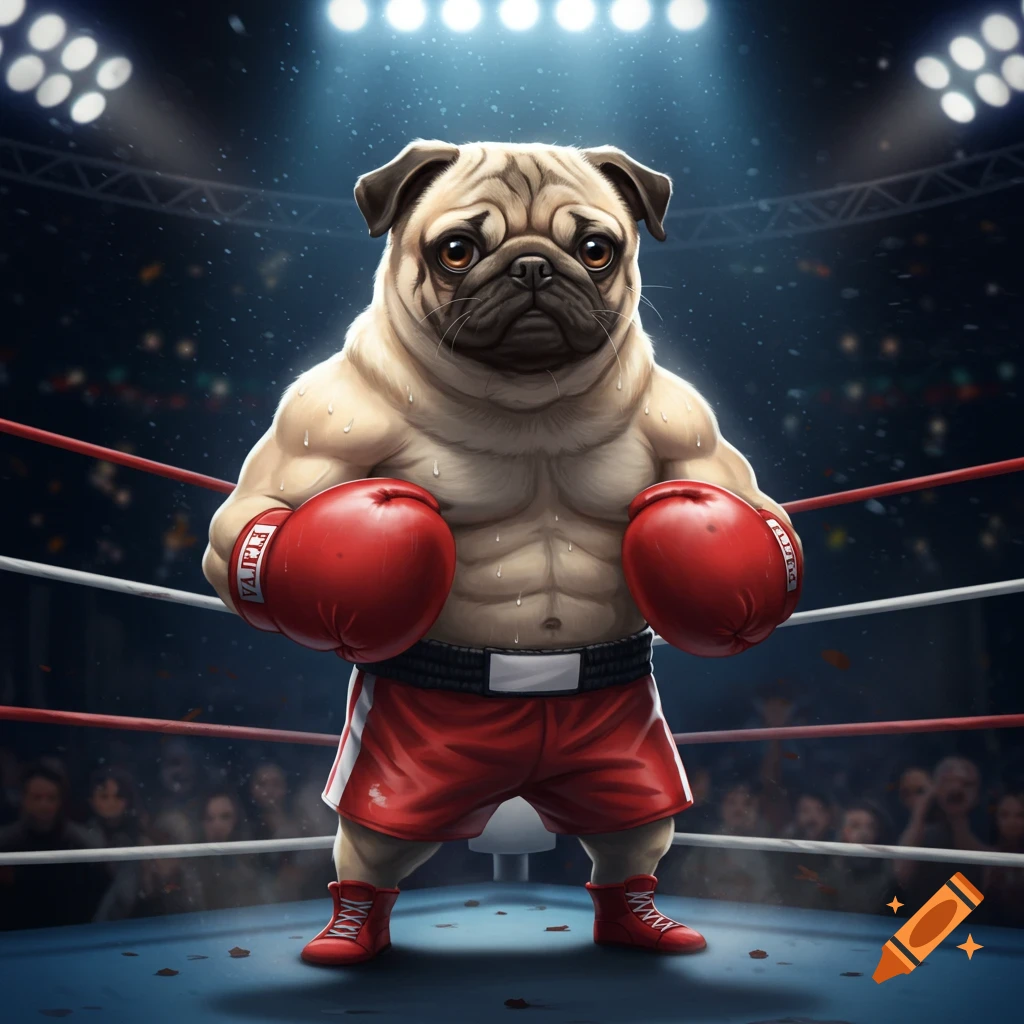 A muscular pug dog in red boxing gloves and shorts stands ready in a brightly lit boxing ring.