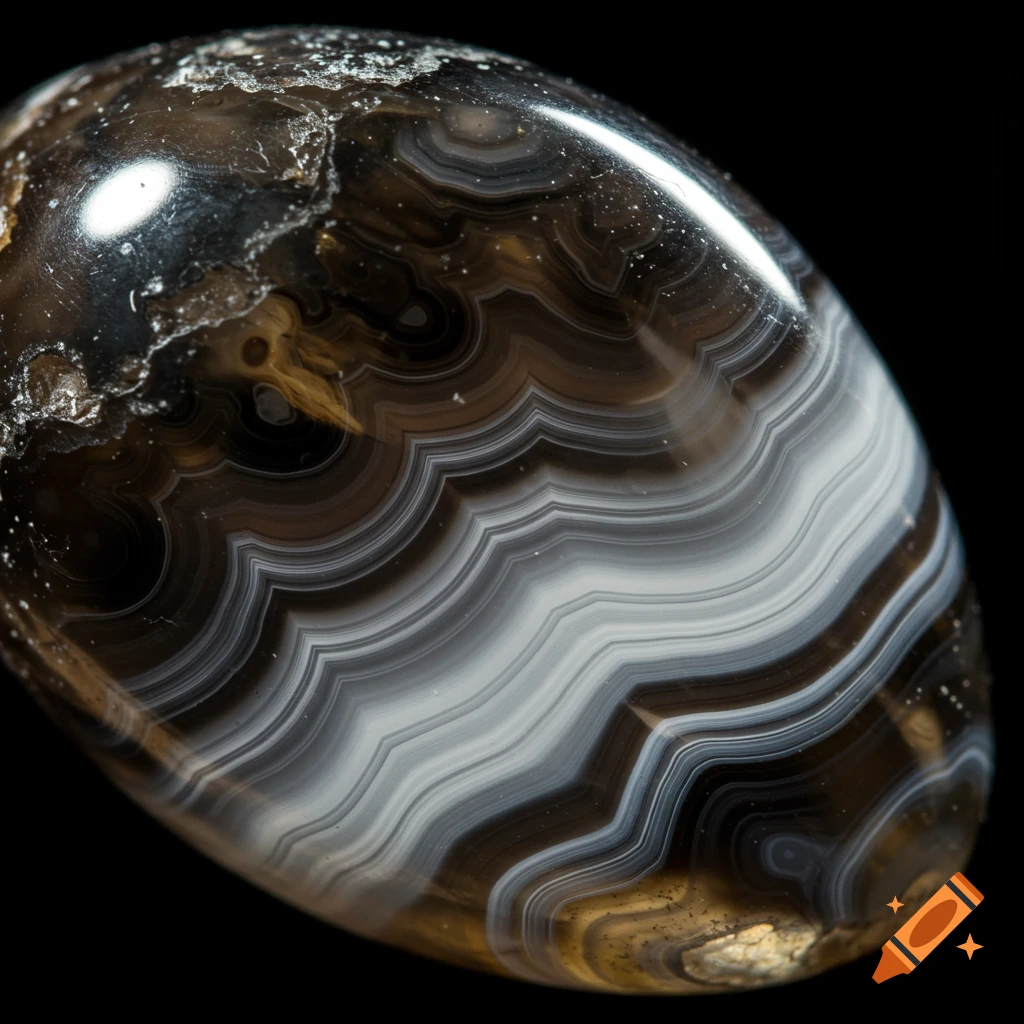 Detailed macro photography of a polished Suleimani agate gemstone with smoky black, brown, and white wavy bands, and reflections on its glossy surface.