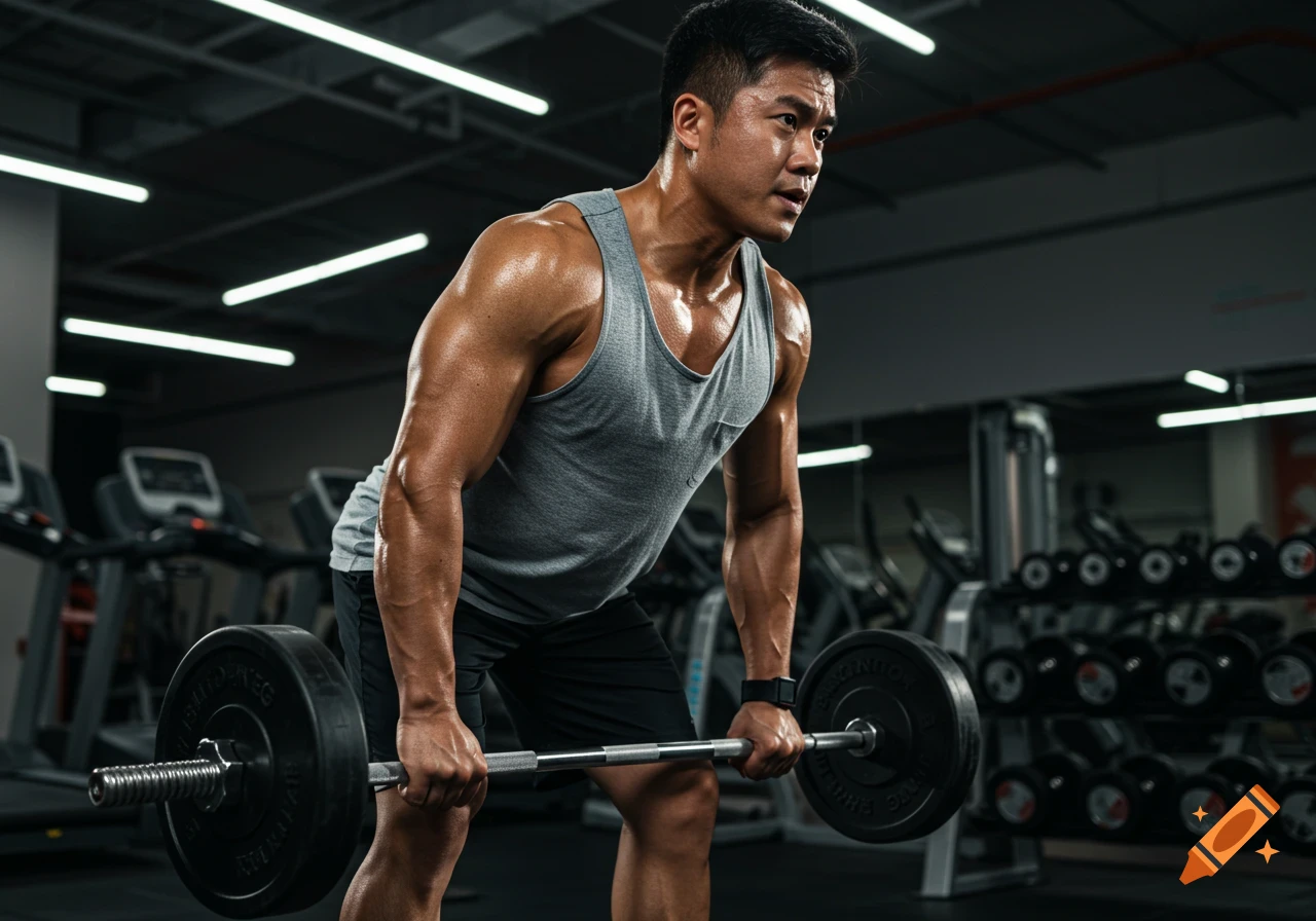 A muscular man in a gray tank top lifts a barbell in a modern gym, looking focused and sweaty.