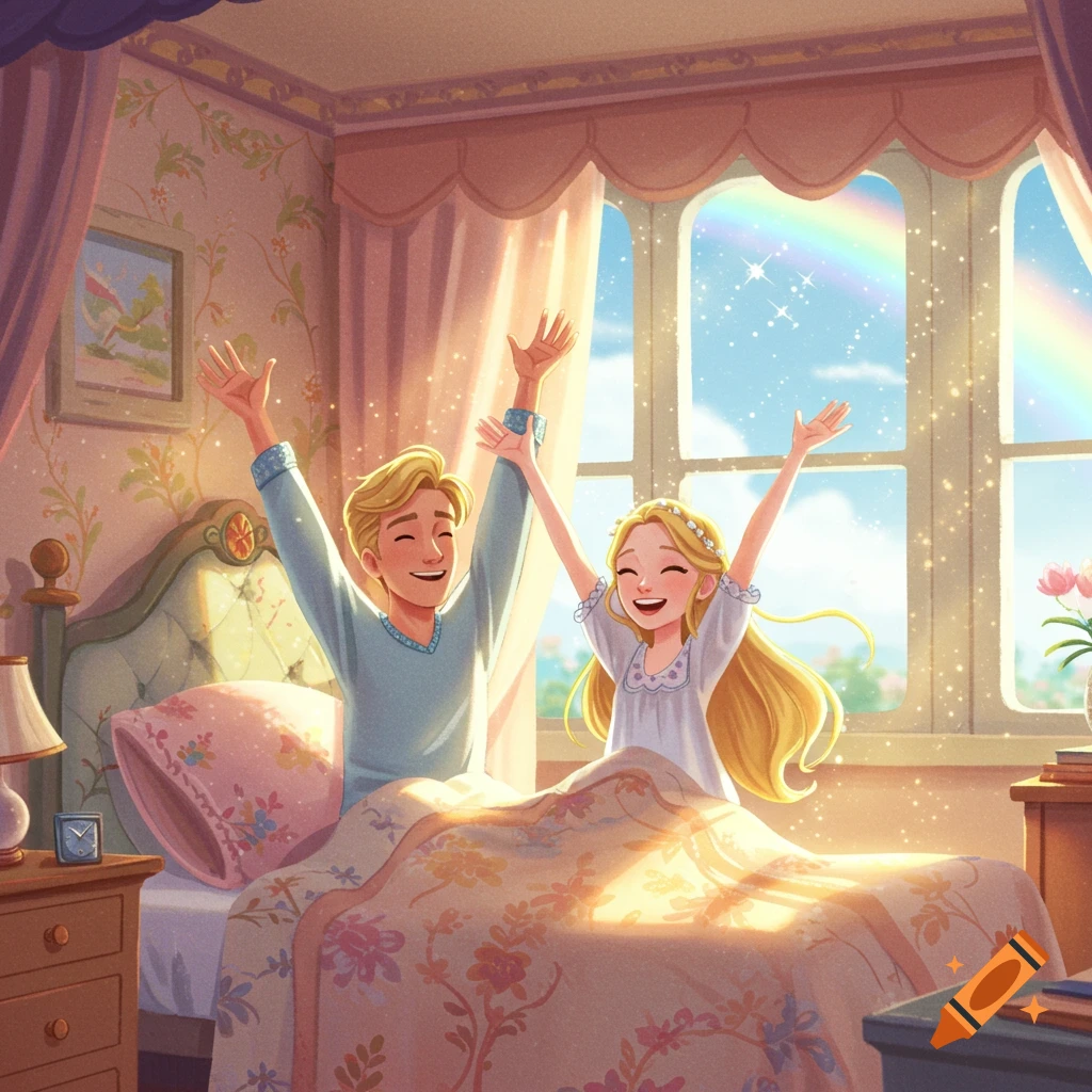 A blonde man and woman wake up in a sparkling pastel bedroom, stretching with arms raised, a rainbow outside the window in Pixar style.