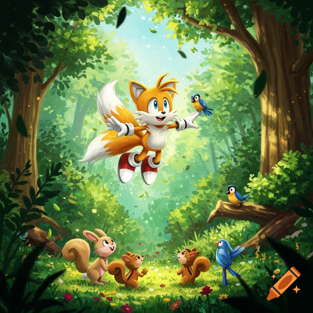 Tails, a yellow fox with two tails, happily floats in a vibrant green forest, surrounded by squirrels and birds in a colorful illustration.