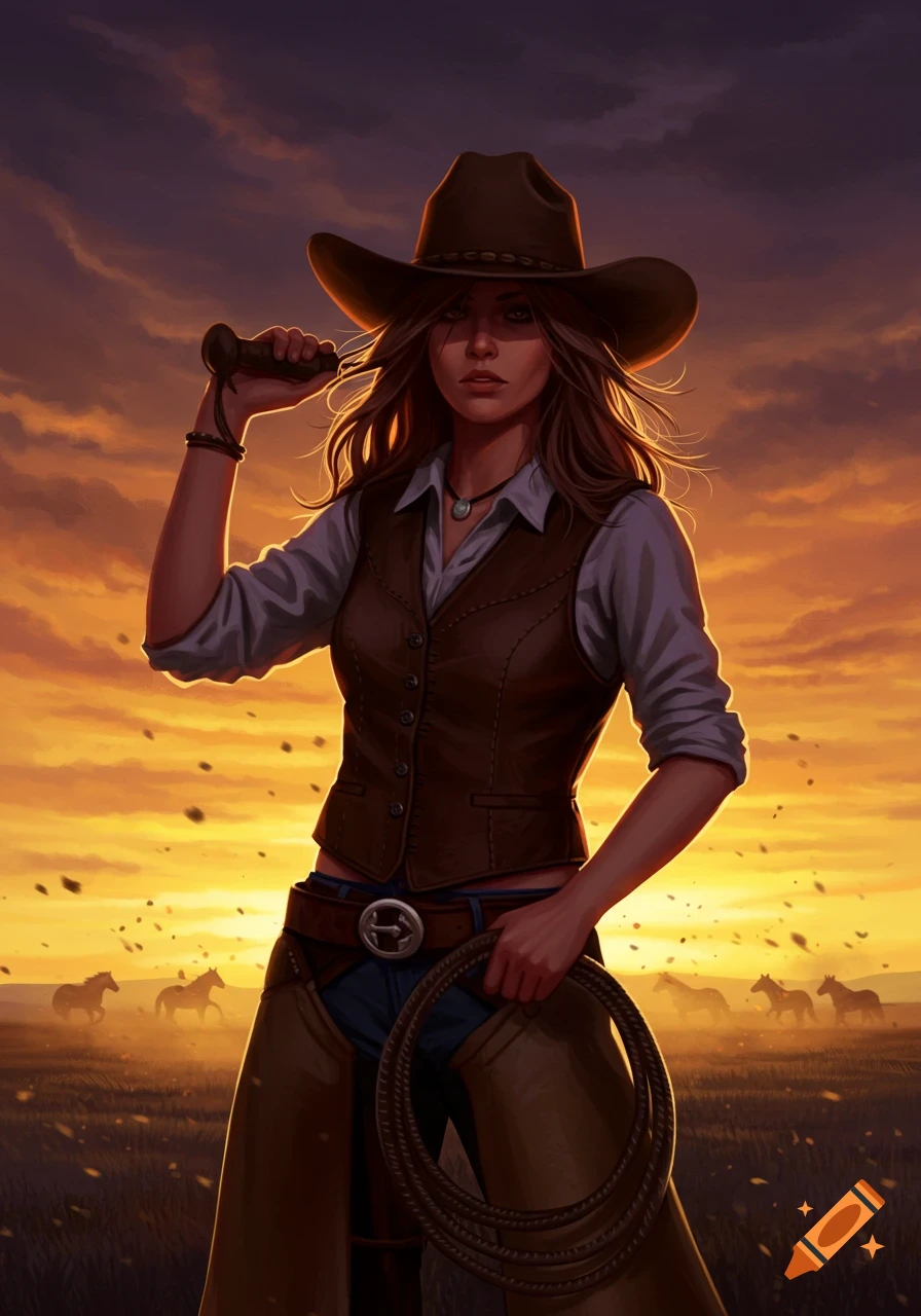 A digitally illustrated cowgirl in a vest and hat holds a whip and lasso at sunset, with horses in a field.