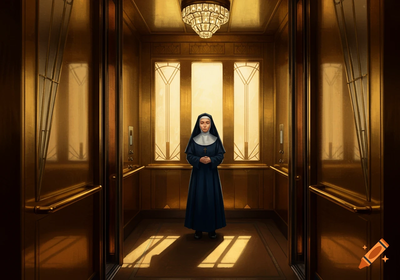 A nun in a dark blue habit stands with clasped hands in the center of a golden, ornate art deco elevator.