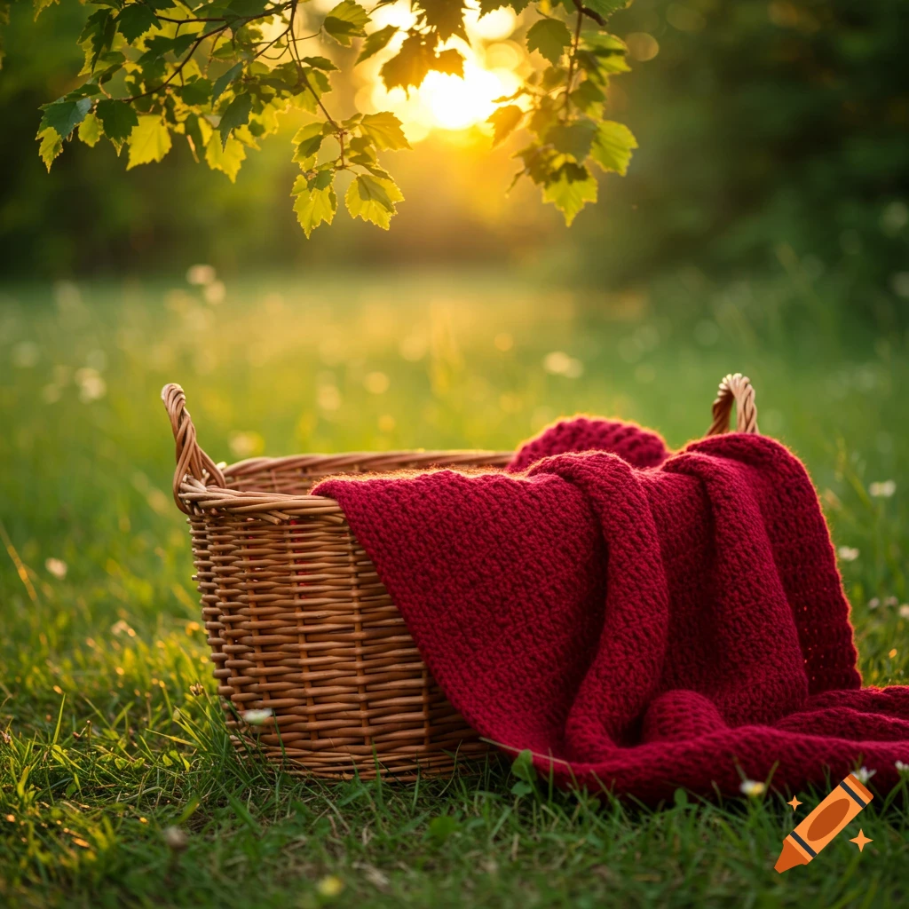 A wicker basket with a red knitted blanket sits in bright green grass under sunlit tree leaves at sunset.