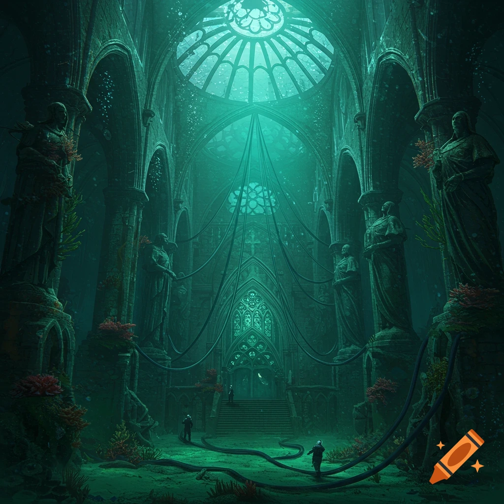 An awe-inspiring underwater cathedral ruin with colossal arches, statues, and rose windows, explored by divers in teal-lit water.