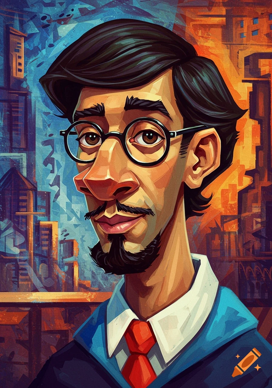 A stylized, cartoonish portrait of a man with dark hair, glasses, a mustache, and a goatee, wearing a white shirt and red tie, set against a colorful, abstract city background.