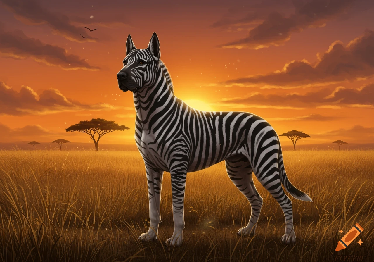 A large dog with zebra stripes stands in a savanna at sunset, with acacia trees and birds in the distance.