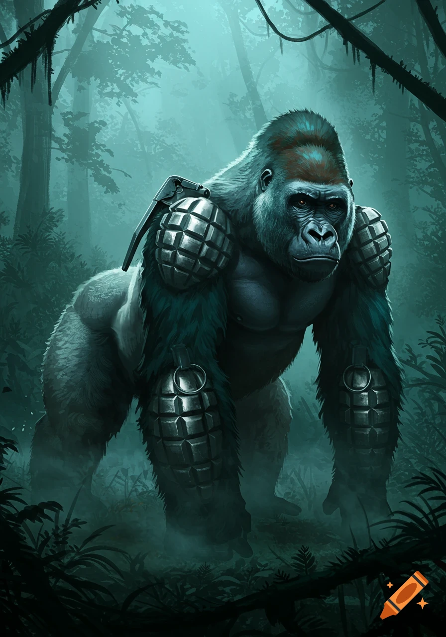 A powerful gorilla with grenades fused onto its shoulders and forearms stands in a dark, misty jungle, digital art.