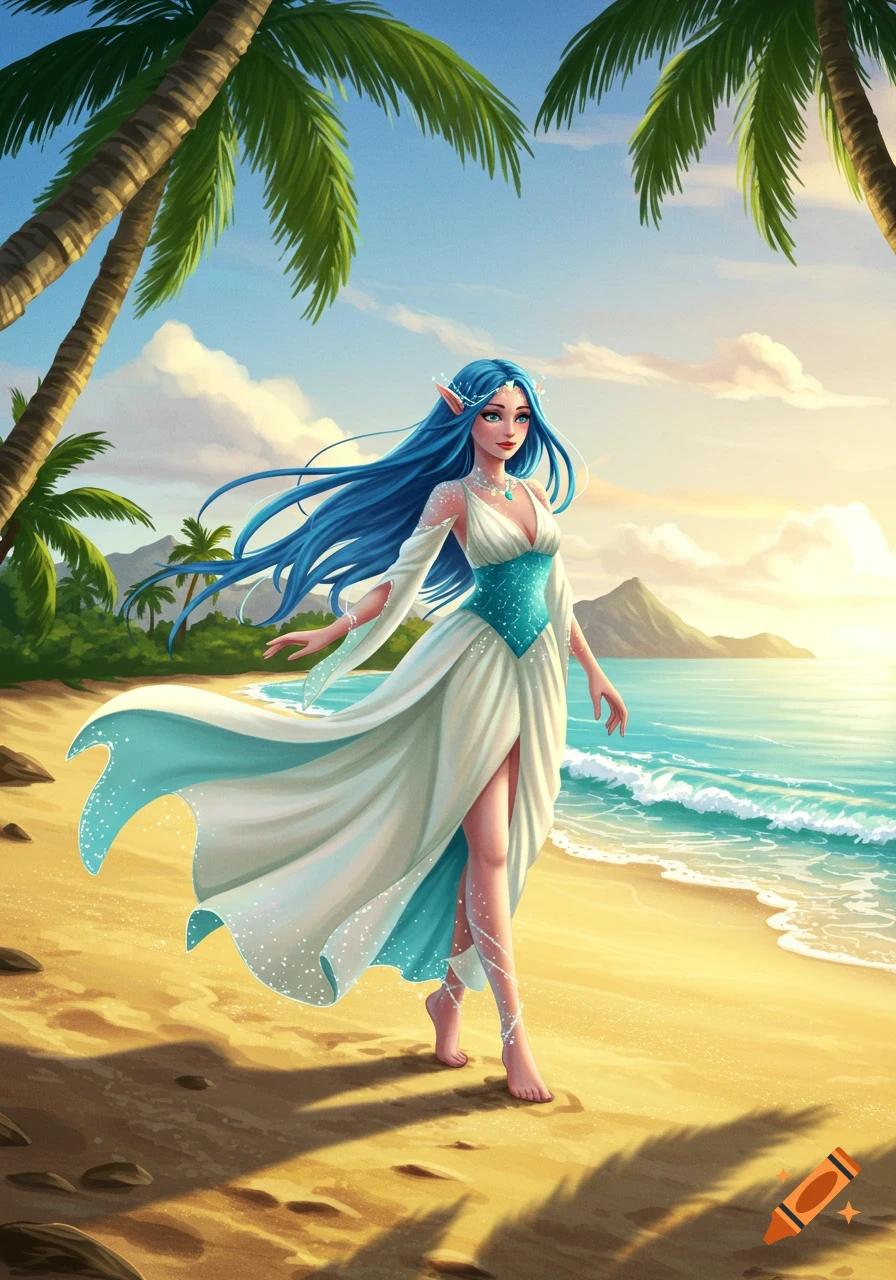 Illustration of a blue-haired elf princess in a flowing white and turquoise dress walking on a sandy beach at sunset.