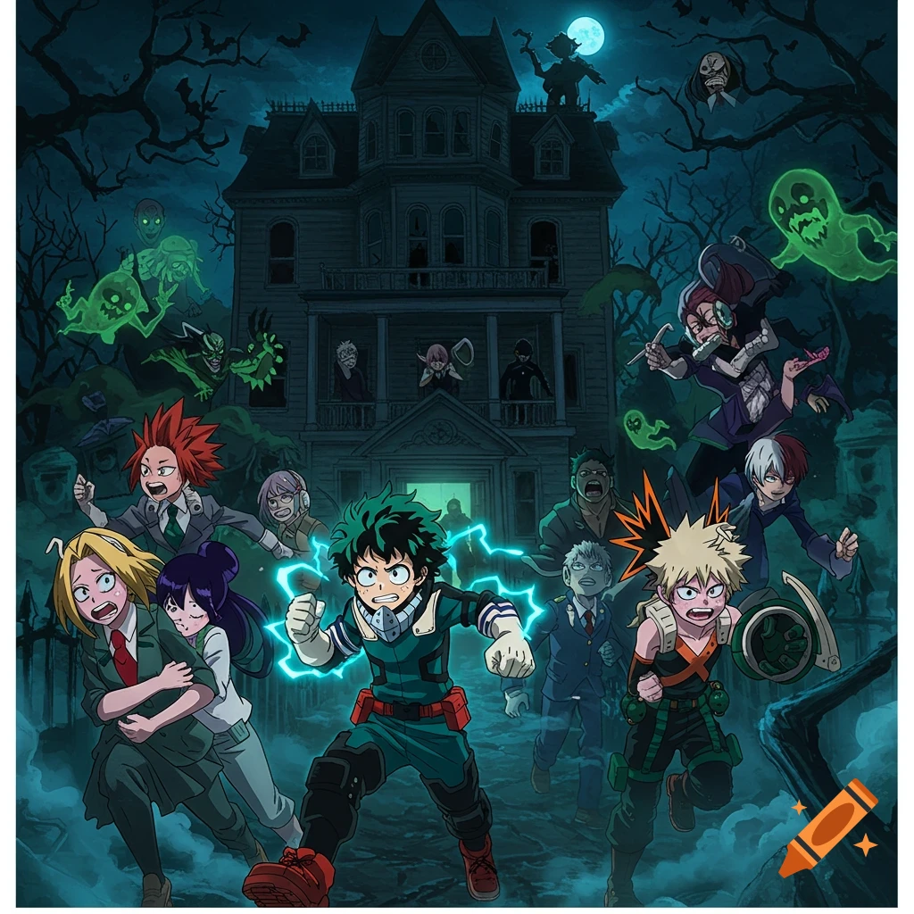 My Hero Academia heroes and villains around a haunted house with ghosts under a full moon at night. Deku and Bakugo lead a group running from the house.