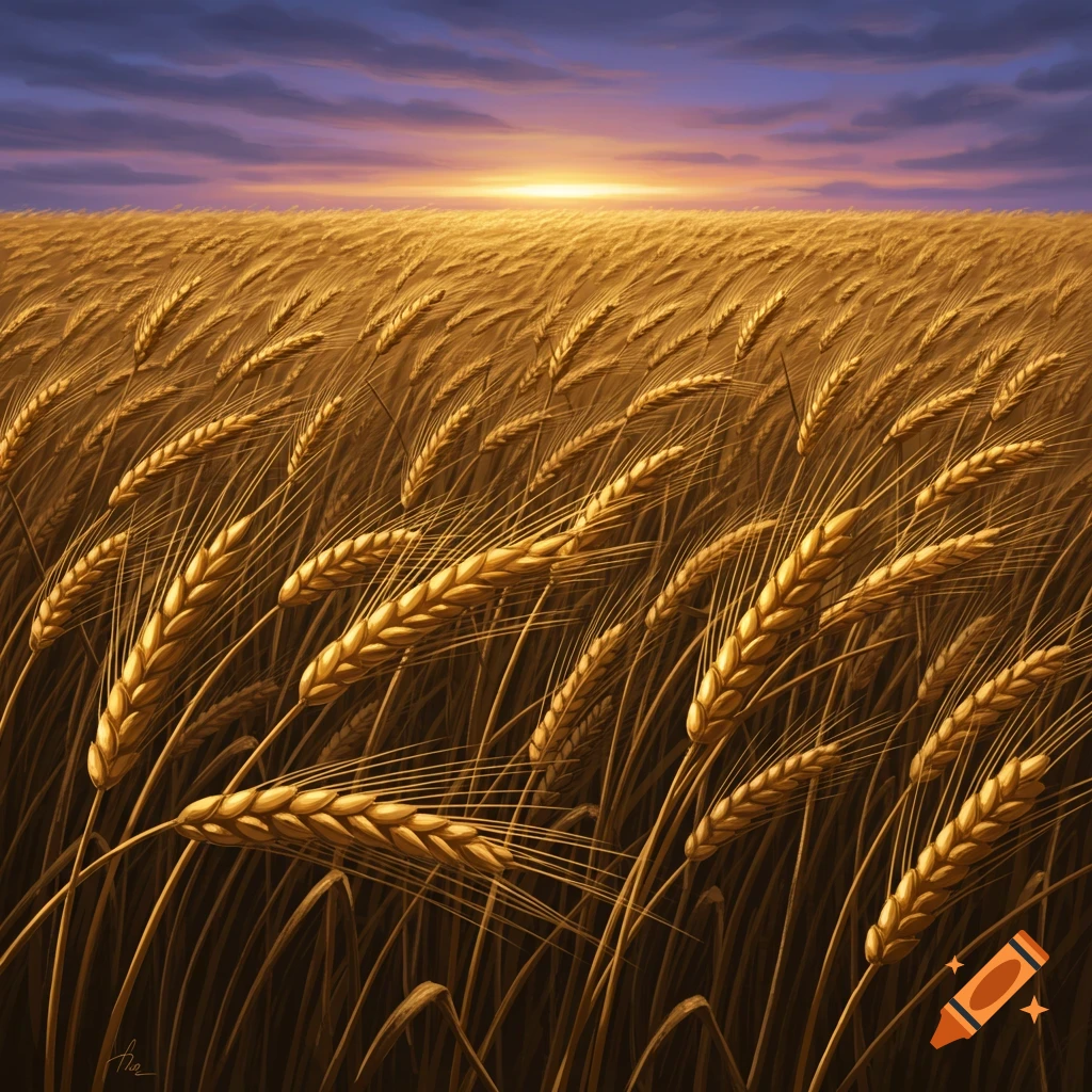 A stylized painting of a golden wheat field stretching to the horizon under a dramatic purple and orange sunset sky.