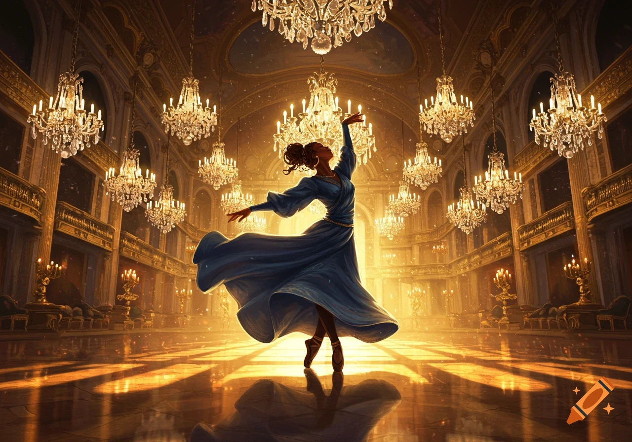 Female dancer in a flowing blue dress performs on pointe in a grand ballroom with many sparkling chandeliers, bathed in golden light.