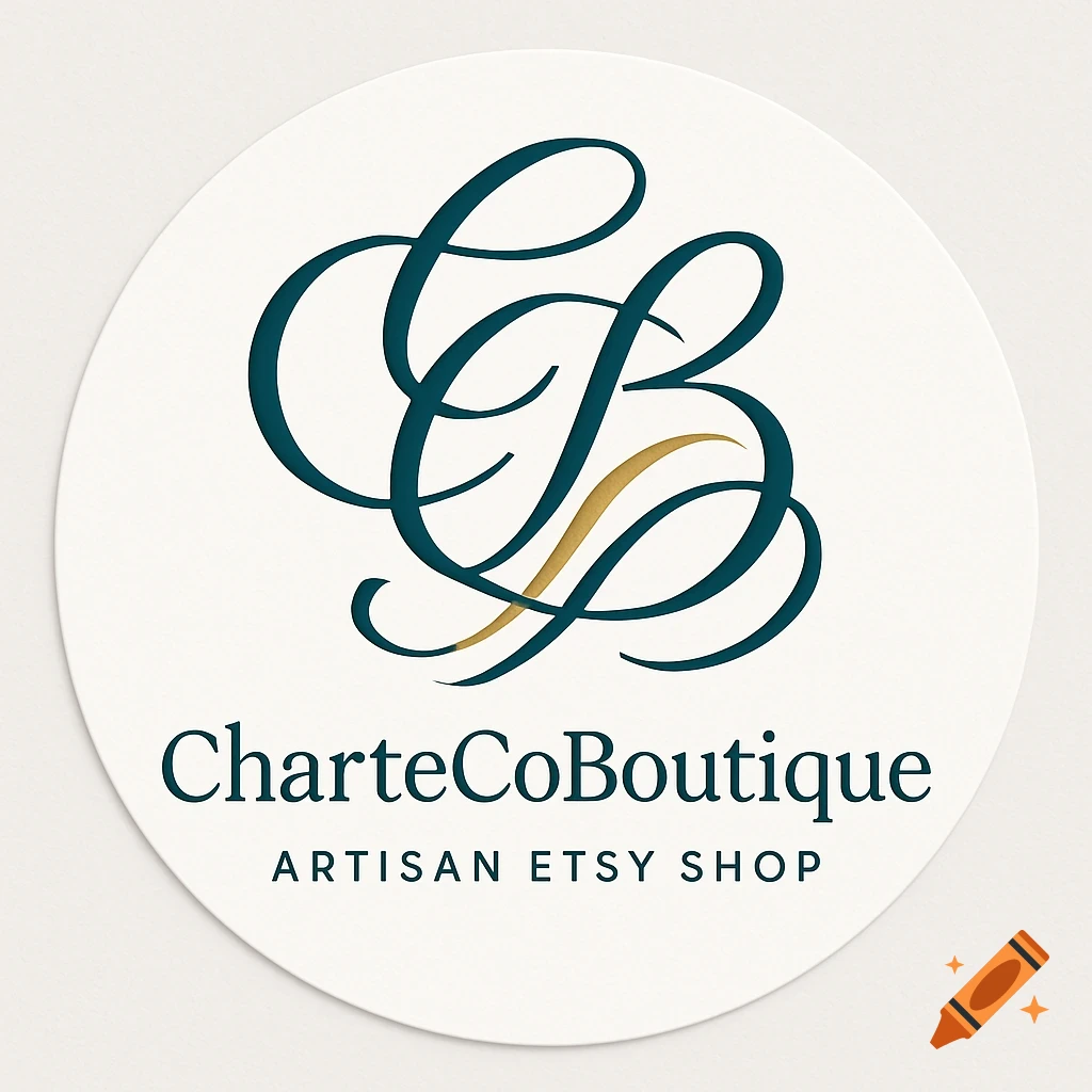 A circular logo with a dark teal and gold 'CB' monogram above 'CharteCoBoutique' and 'ARTISAN ETSY SHOP'.