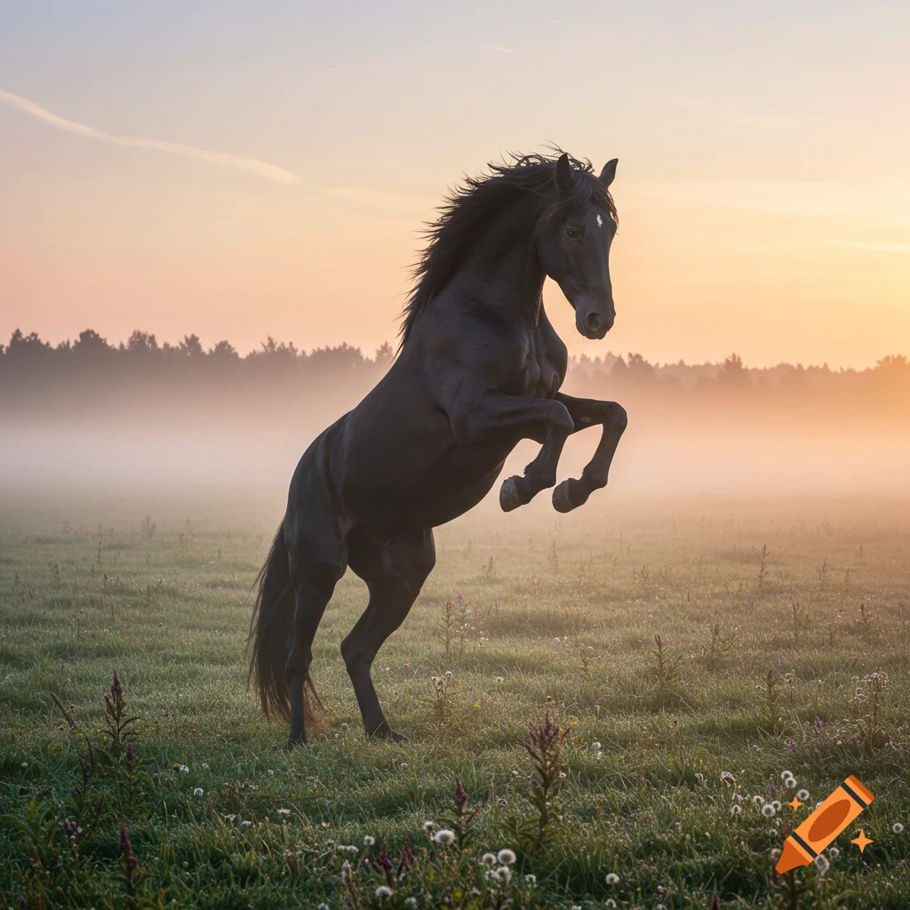 A majestic black horse rears in a misty green field at sunrise, with a dark forest in the background.