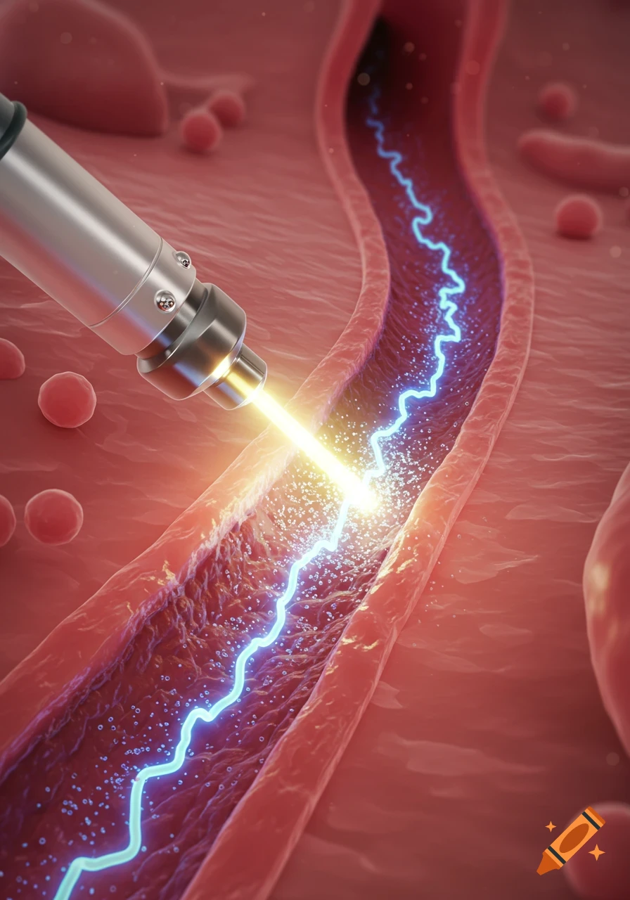 A detailed 3D medical illustration shows a device performing radiofrequency ablation inside a human vein.