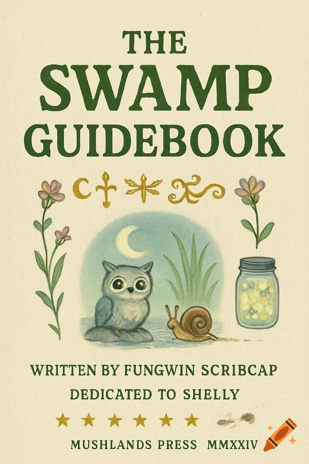 An illustrated vintage-style book cover for "THE SWAMP GUIDEBOOK" featuring a small owl, a snail, and a jar with glowing elements under a crescent moon, framed by flowers.