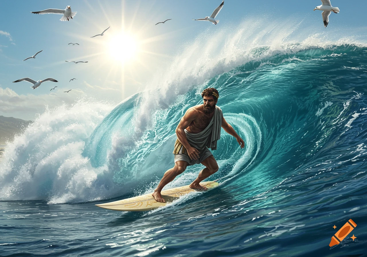 A bearded man resembling a Roman emperor with a laurel wreath and toga-like cloth surfs a large turquoise ocean wave under a bright sun with seagulls flying.