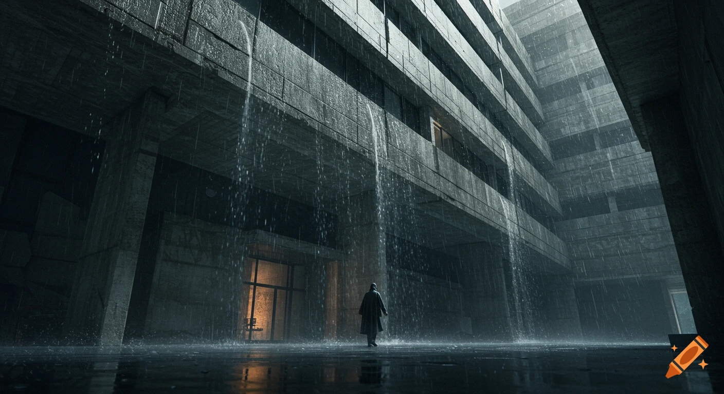 A cloaked figure stands in heavy rain before a massive, dark brutalist concrete building, reflecting a dystopian, cinematic mood.