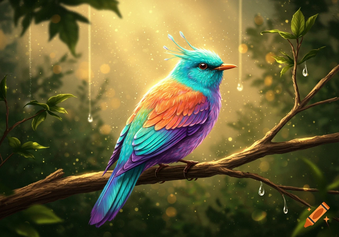 Vibrant fantasy bird with blue, orange, and purple feathers perched on a branch in a sparkling, magical forest.