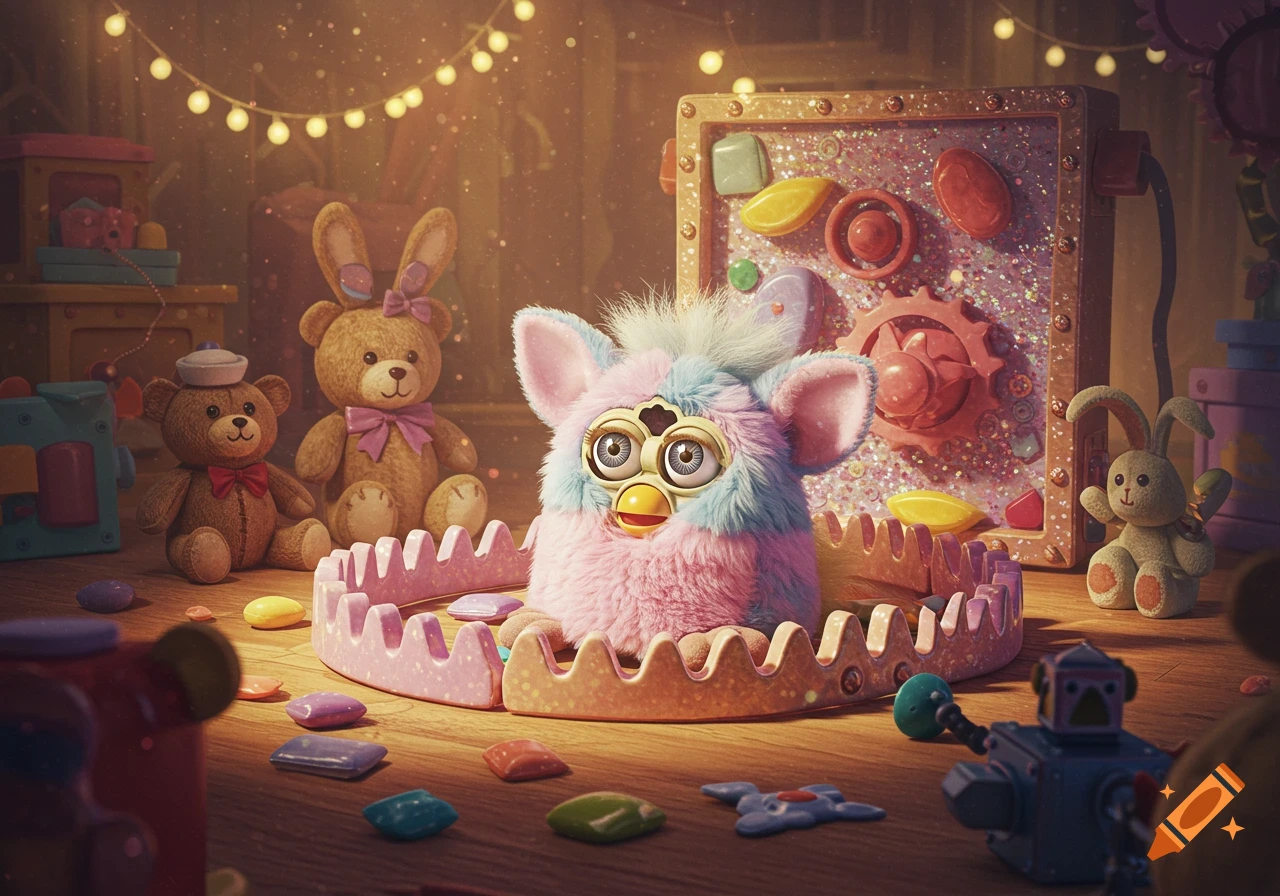 A fluffy pink and blue Furby toy sits in a ring on a wooden floor, surrounded by teddy bears, a plush rabbit, and colorful small toys under string lights.