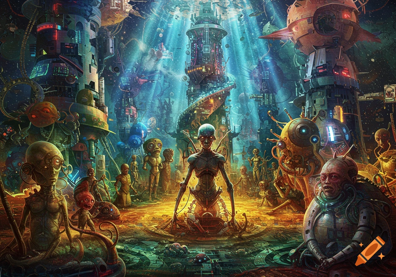 A detailed, surreal, cybernetic sci-fi scene with grotesque alien figures in a fantastical, luminous city.