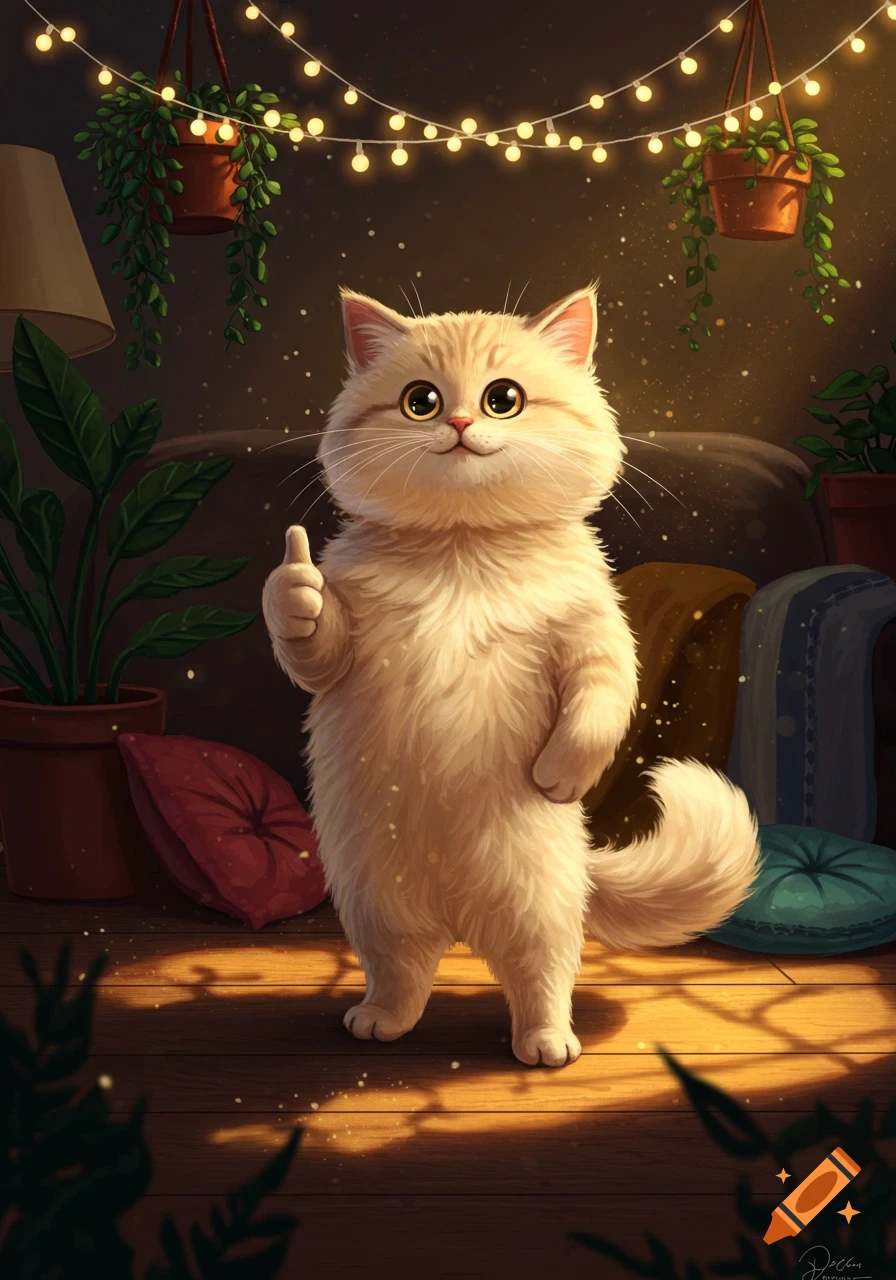 A cute, fluffy cartoon cat stands upright, giving a thumbs up gesture, in a cozy room lit by string lights.